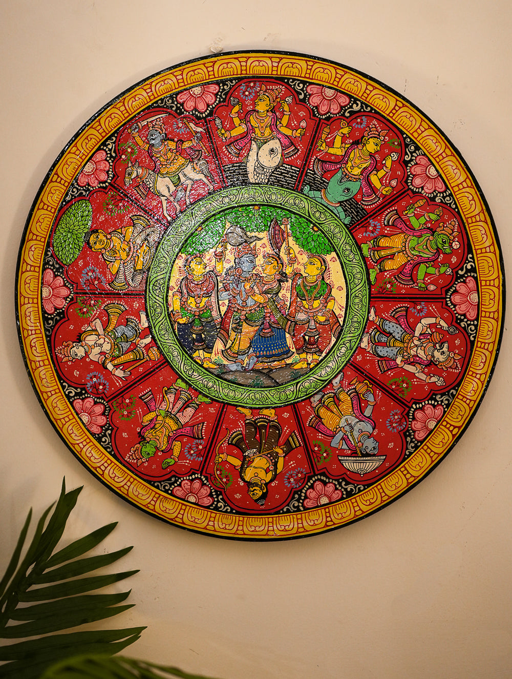 Intricate Pattachitra Art Wooden Wall/Table Plaque (18") - Radha & Krishna, Dasha Avatar