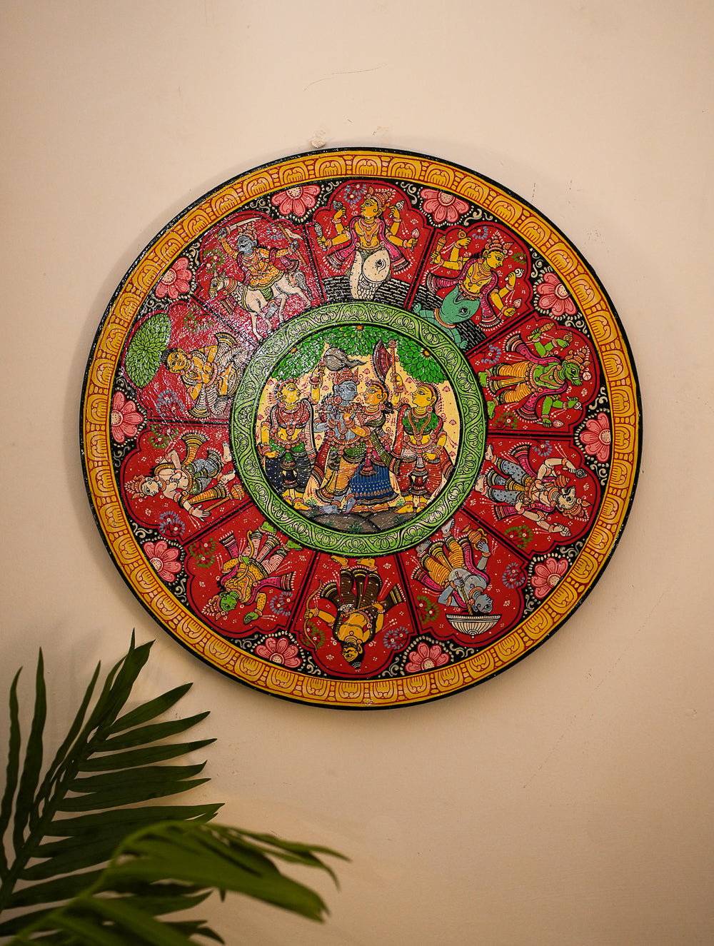 Intricate Pattachitra Art Wooden Wall/Table Plaque (18") - Radha & Krishna, Dasha Avatar