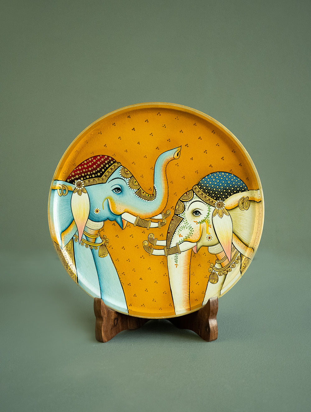 Pichwai Art Wooden Wall Plate / Table Curio - The Elephants